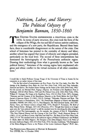 Nativism, Labor, and Slavery: the Political Odyssey of Benjamin Bannan, 1850-1860