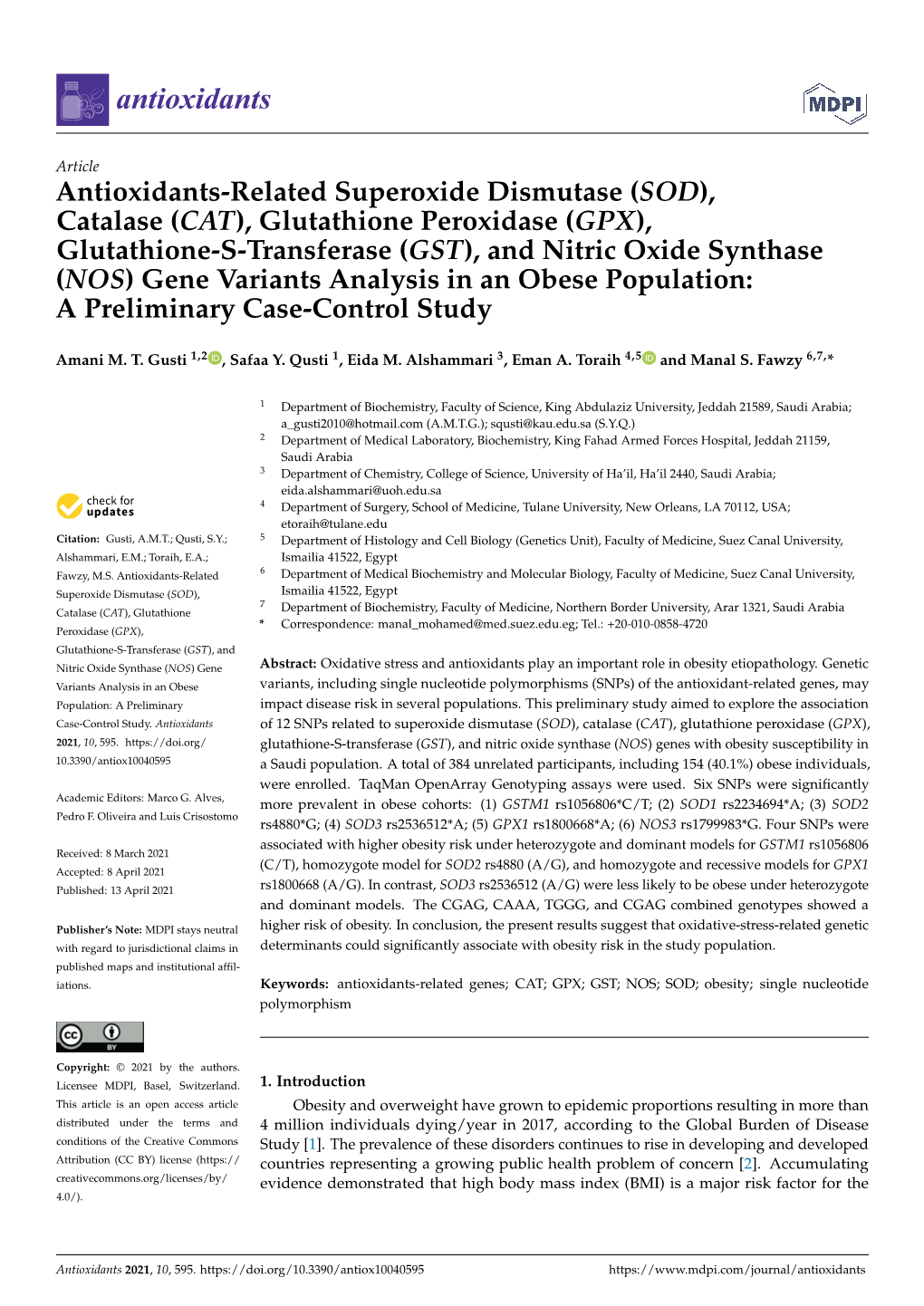 Antioxidants-Related Superoxide Dismutase (SOD),Catalase (CAT