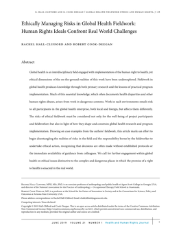 Ethically Managing Risks in Global Health Fieldwork: Human Rights Ideals Confront Real World Challenges Rachel Hall-Clifford and Robert Cook-Deegan