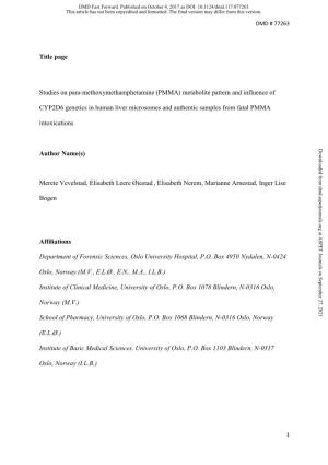 (PMMA) Metabolite Pattern and Influence of CYP2D6 Genetics In