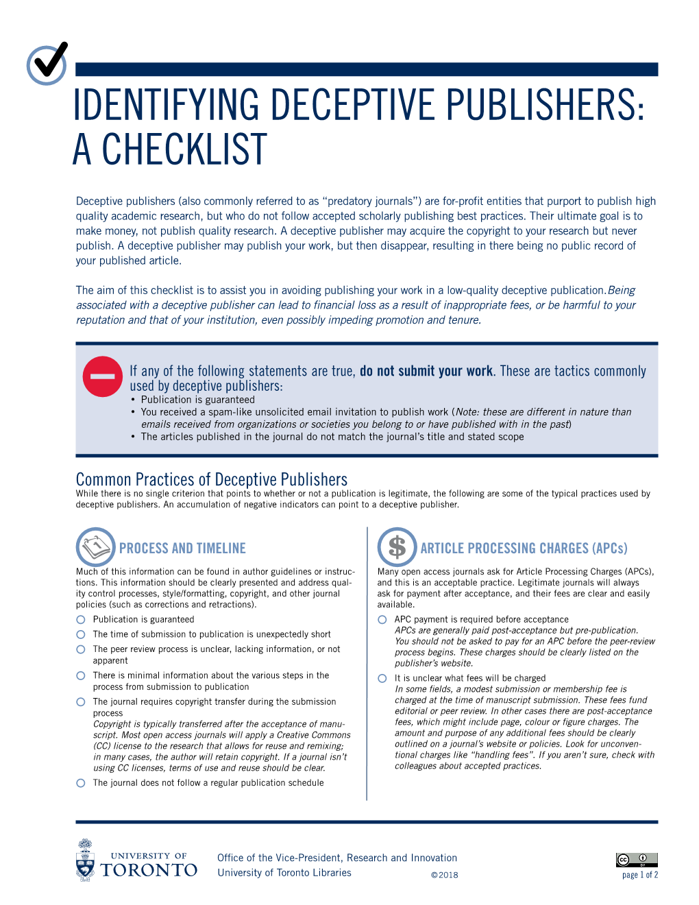 Identifying Deceptive Publishers: a Checklist