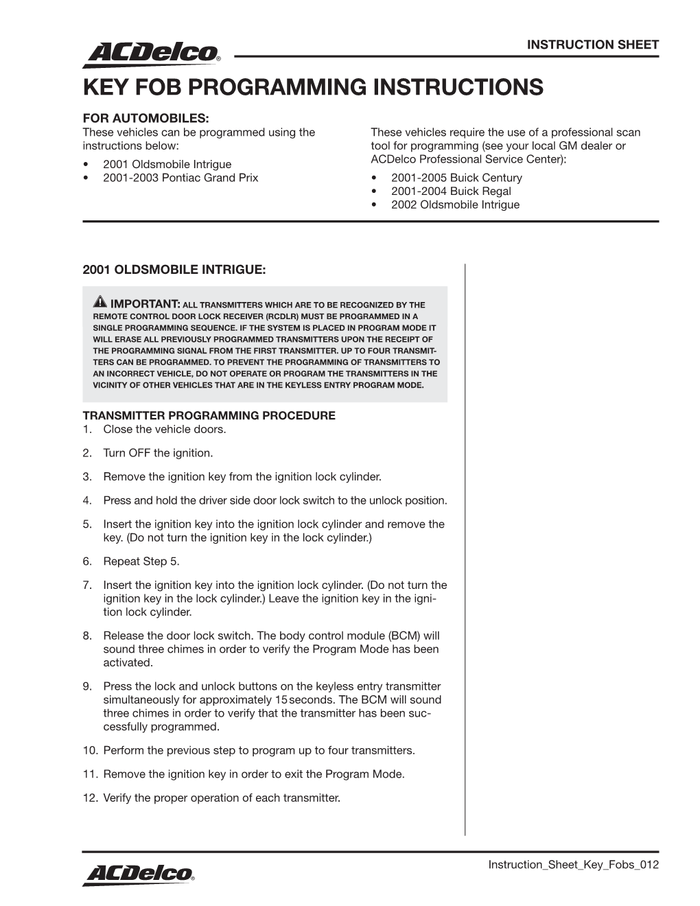 Key Fob Programming Instructions