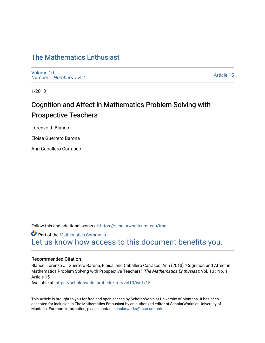 Cognition and Affect in Mathematics Problem Solving with Prospective Teachers