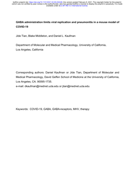 GABA Administration Limits Viral Replication and Pneumonitis in a Mouse Model of COVID-19