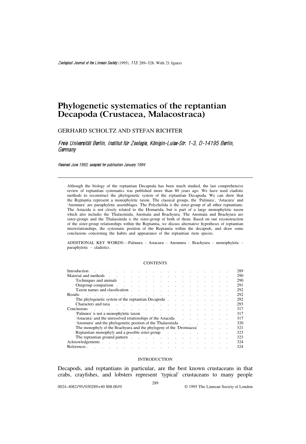 Phylogenetic Systematics of the Reptantian Decapoda (Crustacea, Malacostraca)