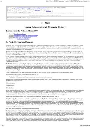 GL 3020 Upper Palaeozoic and Cenozoic History 1. Post-Hercynian