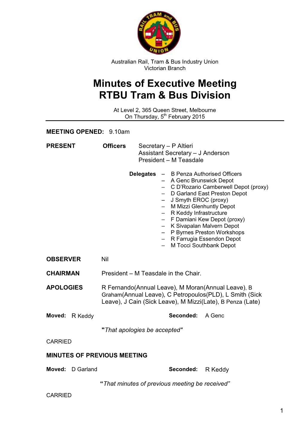 Minutes of Executive Meeting RTBU Tram & Bus Division
