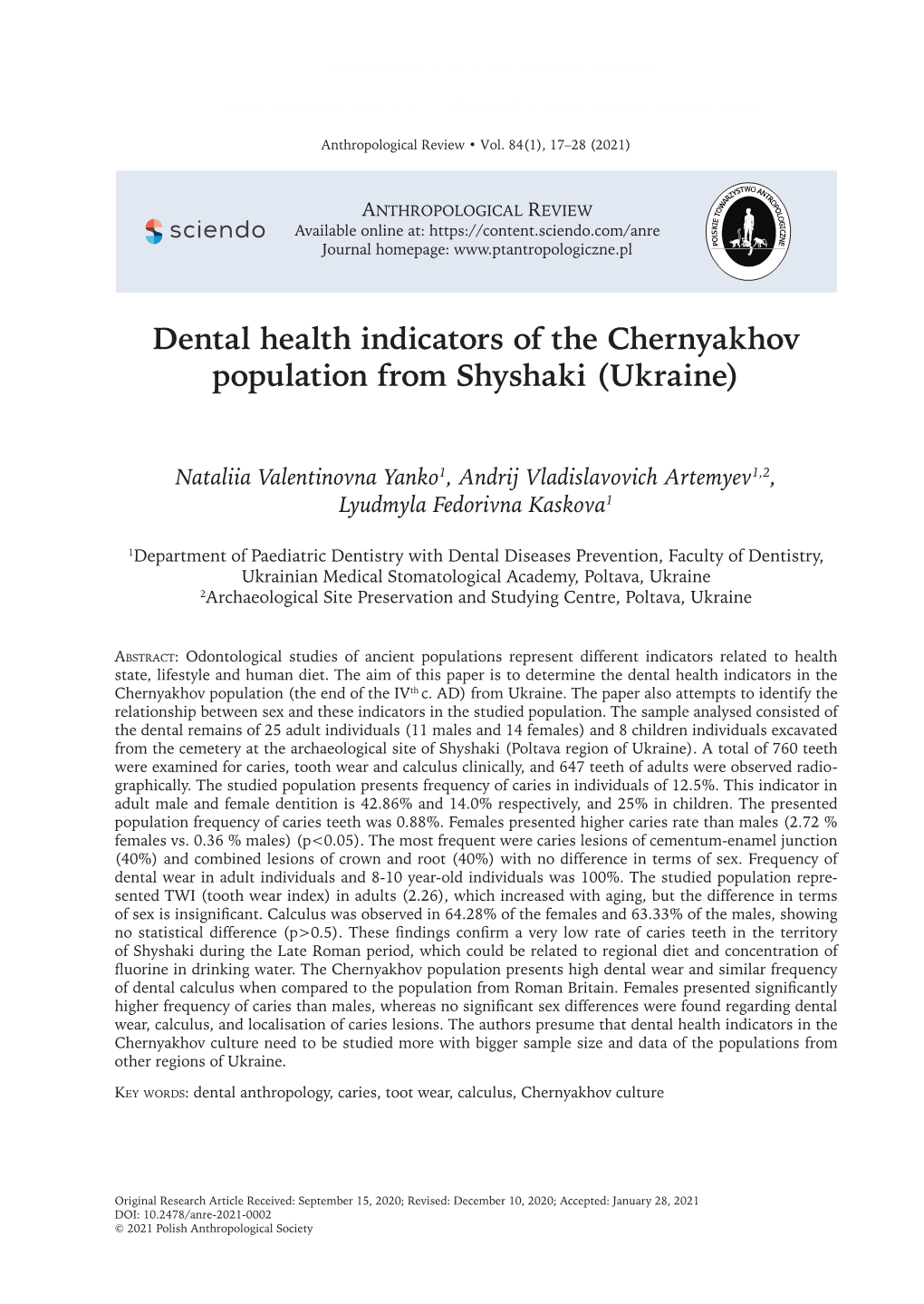 Dental Health Indicators of the Chernyakhov Population from Shyshaki (Ukraine)