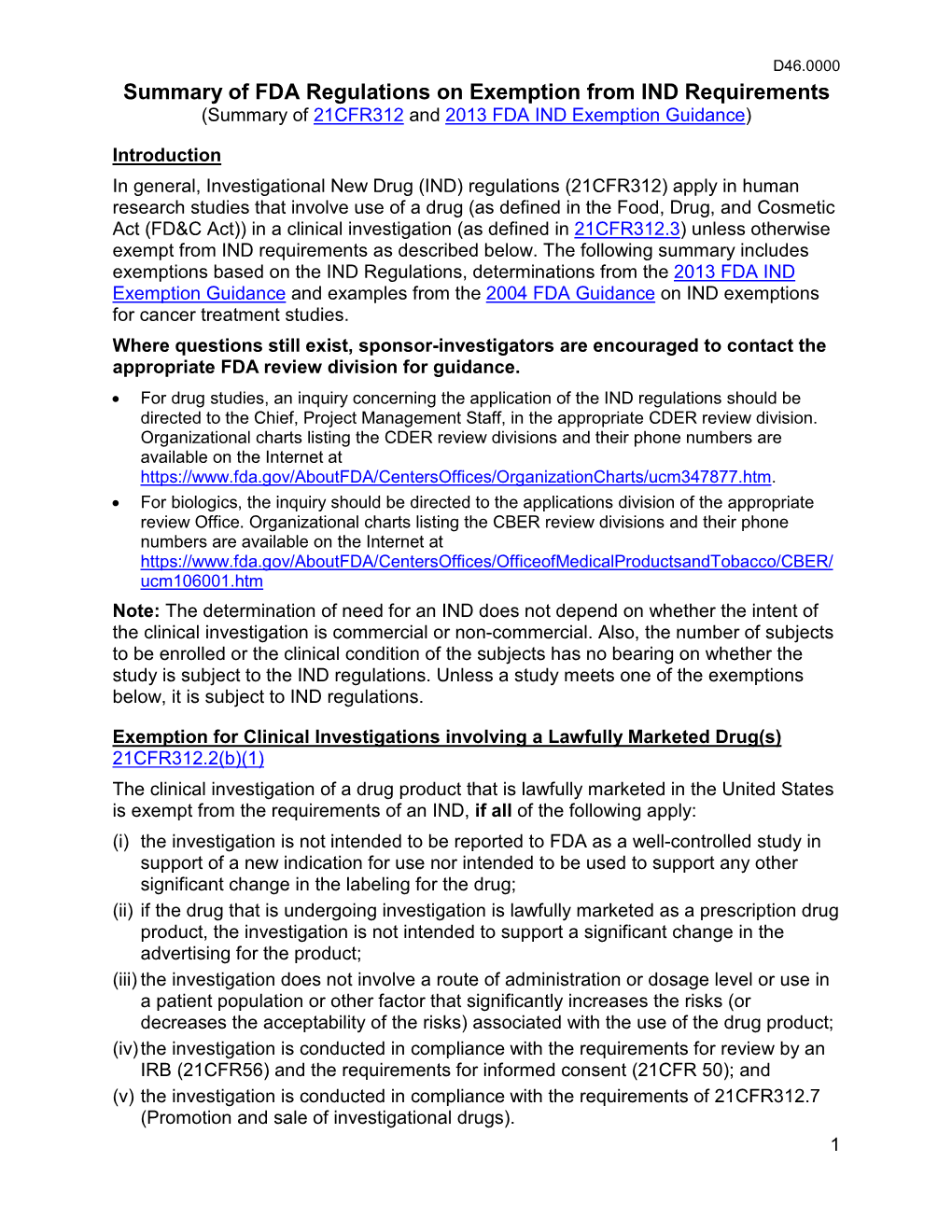 Summary of FDA Regulations on Exemption from IND Requirements (Summary of 21CFR312 and 2013 FDA IND Exemption Guidance)