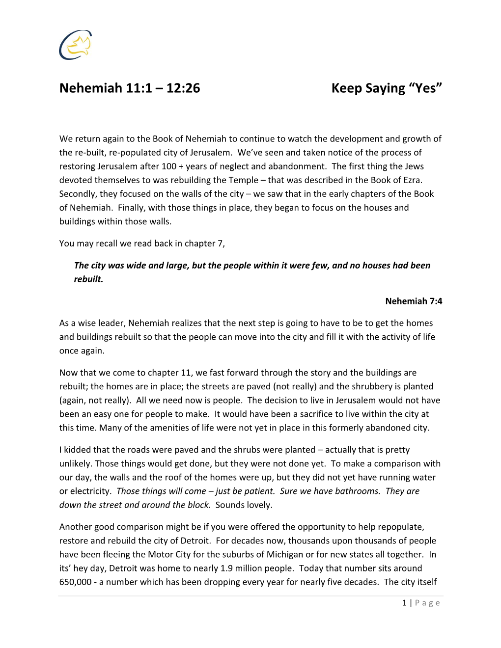 Nehemiah 11:1 – 12:26 Keep Saying “Yes”