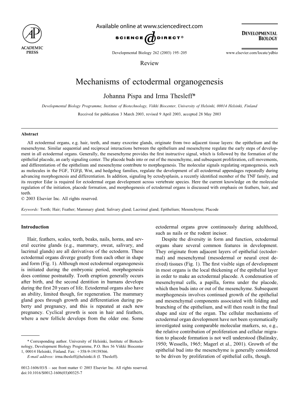 Mechanisms of Ectodermal Organogenesis