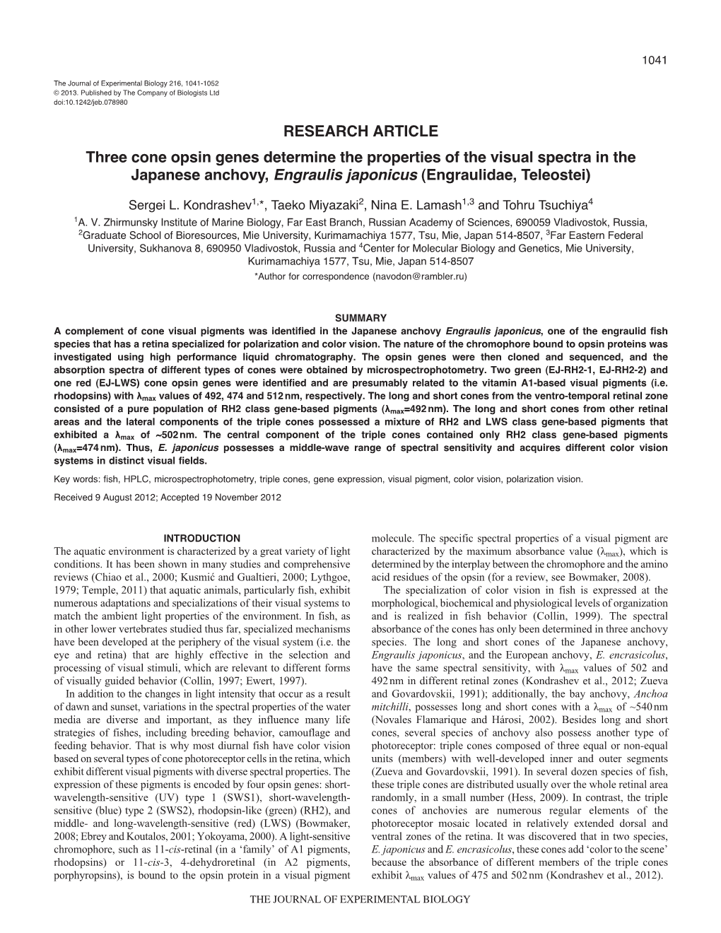 Three Cone Opsin Genes Determine the Properties of the Visual Spectra in the Japanese Anchovy, Engraulis Japonicus (Engraulidae, Teleostei)