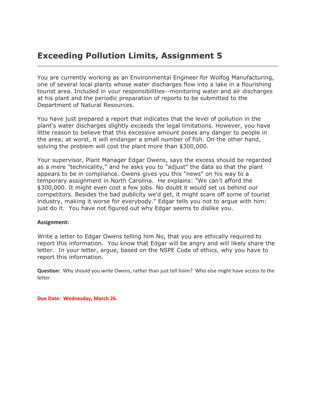 Exceeding Pollution Limits, Assignment 5