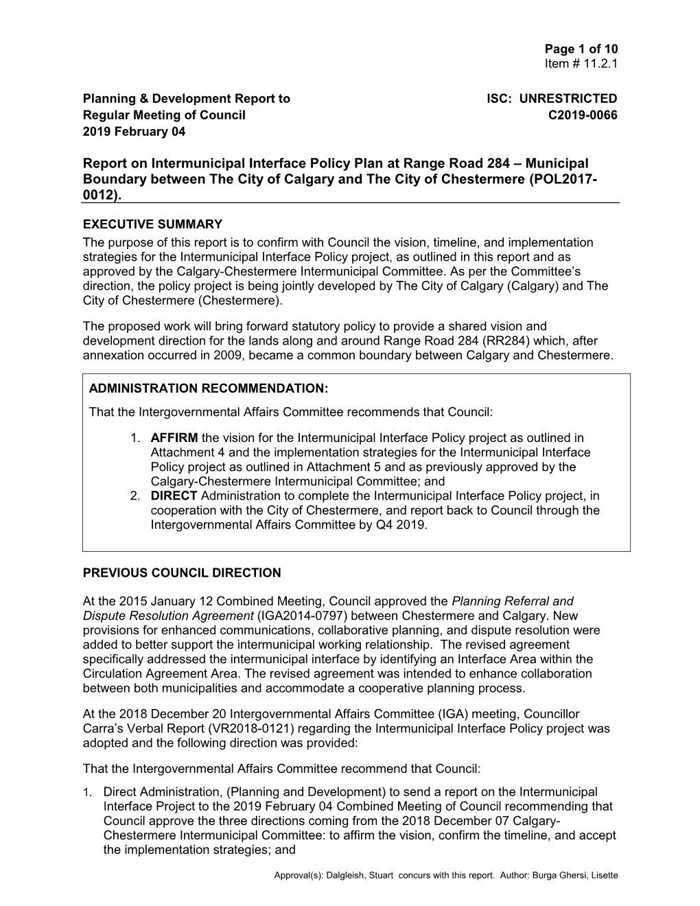 Report on Intermunicipal Interface Policy Plan at Range Road 284 – Municipal Boundary Between the City of Calgary and the City of Chestermere (POL2017- 0012)