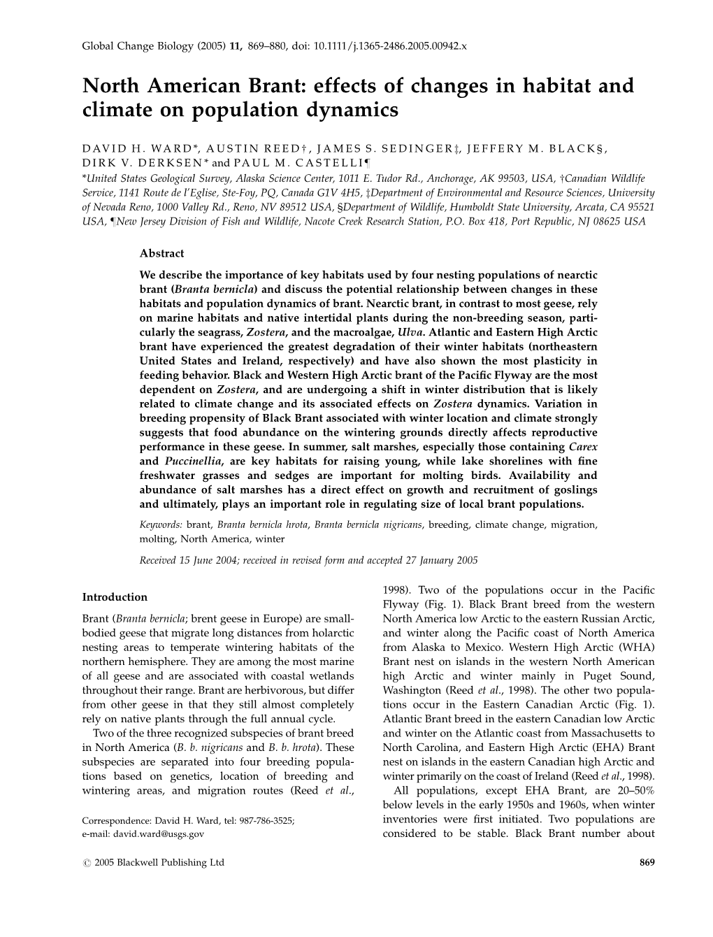 North American Brant: Effects of Changes in Habitat and Climate on Population Dynamics