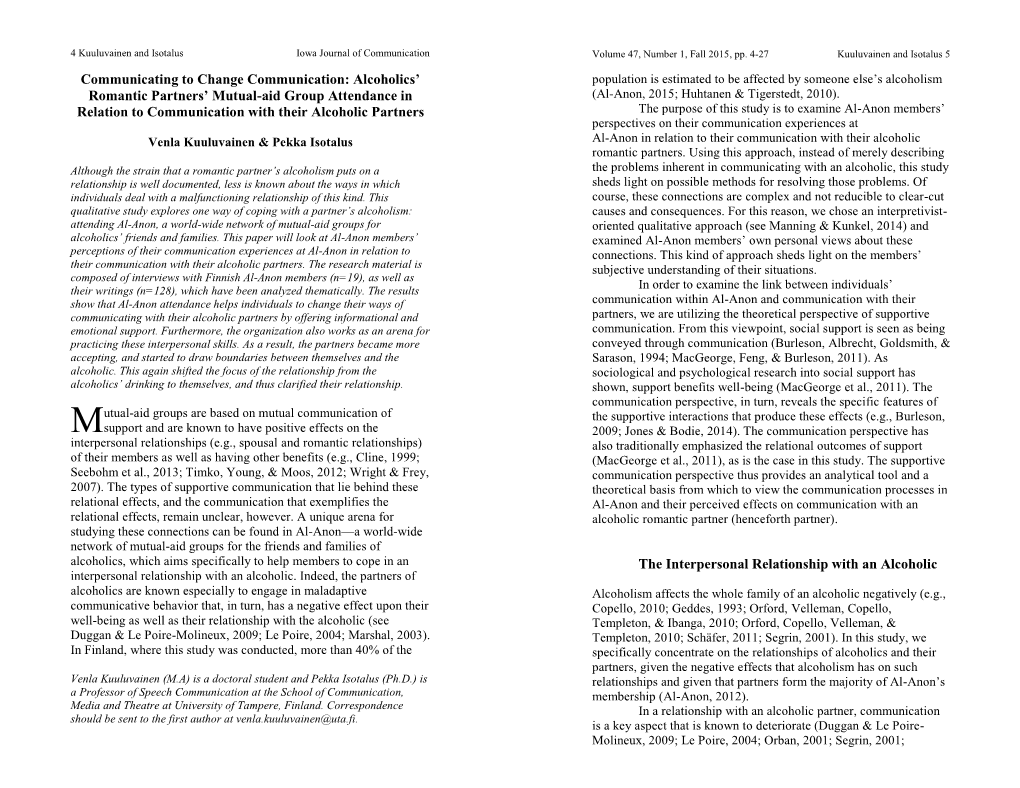 Communicating to Change Communication: Alcoholics' Romantic Partners' Mutual-Aid Group Attendance in Relation to Communicati