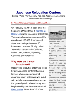 Japanese Relocation Centers During World War II, Nearly 120,000 Japanese Americans Were Under Lock and Key by Ricco Villanueva Siasoco and Shmuel Ross