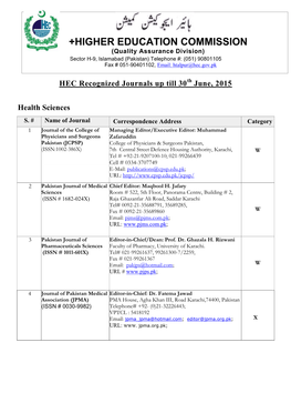 +HIGHER EDUCATION COMMISSION (Quality Assurance Division) Sector H-9, Islamabad (Pakistan) Telephone #: (051) 90801105 Fax # 051-90401102, Email: Htalpur@Hec.Gov.Pk