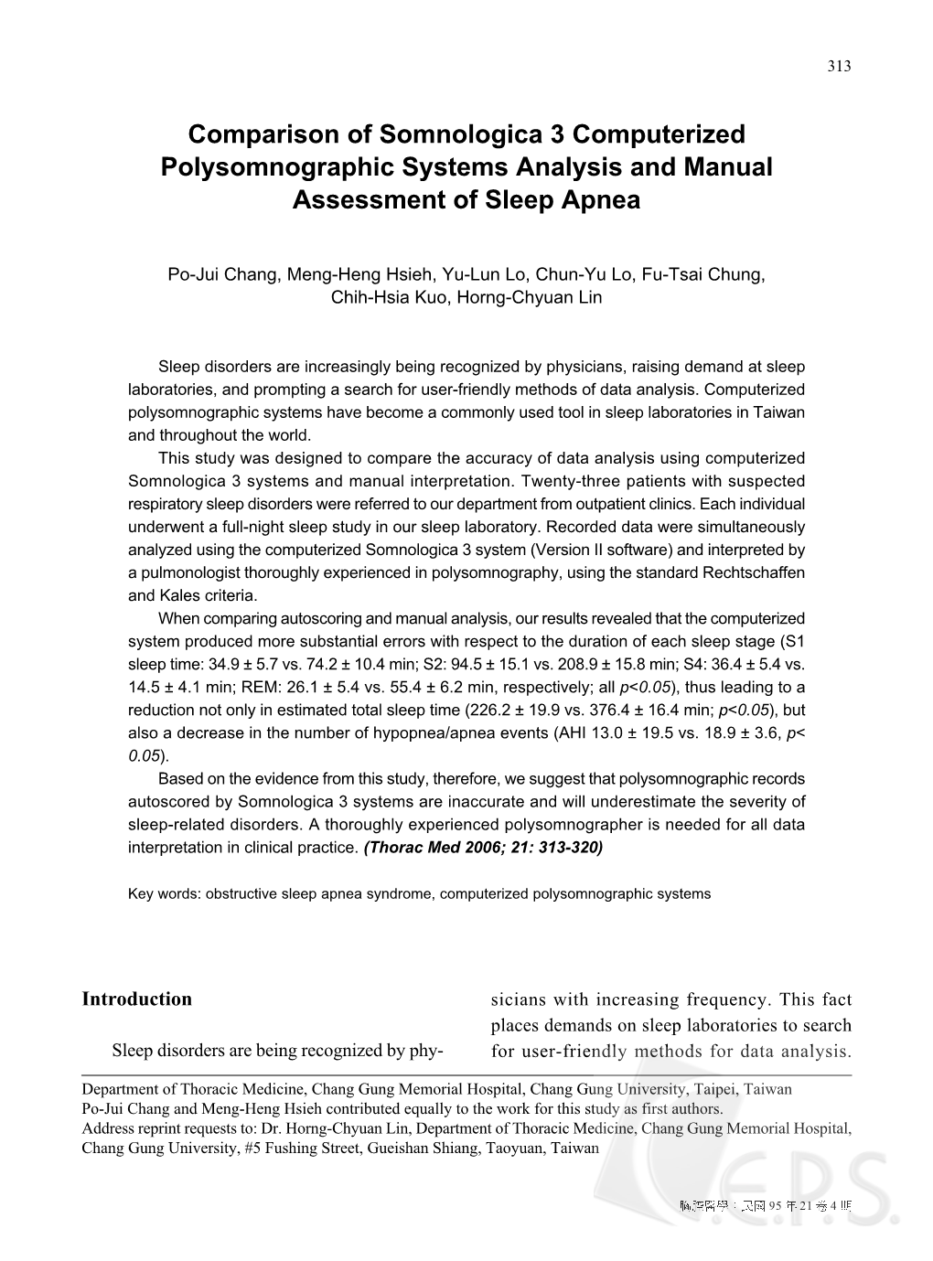 Comparison of Somnologica 3 Computerized Polysomnographic Systems Analysis and Manual Assessment of Sleep Apnea