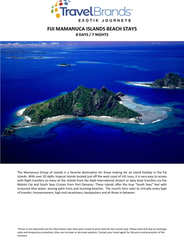 Fiji Mamanuca Islands Beach Stays 8 Days / 7 Nights