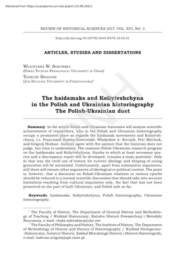 The Haidamaks and Koliyivshchyna in the Polish and Ukrainian Historiography the Polish-Ukrainian Duet