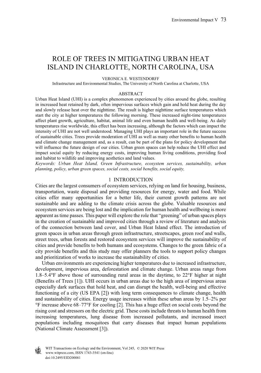 Role of Trees in Mitigating Urban Heat Island in Charlotte, North Carolina, Usa