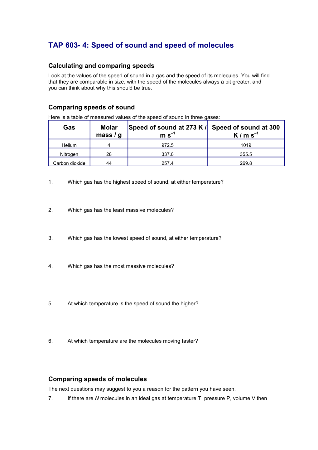 TAP 603- 4: Speed Of Sound And Speed Of Molecules