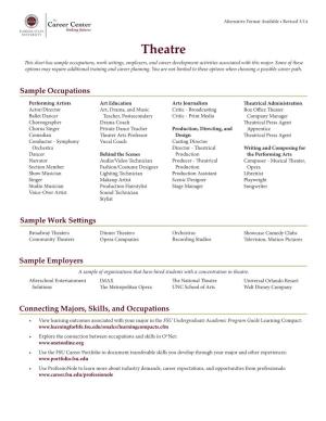 Theatre This Sheet Has Sample Occupations, Work Settings, Employers, and Career Development Activities Associated with This Major