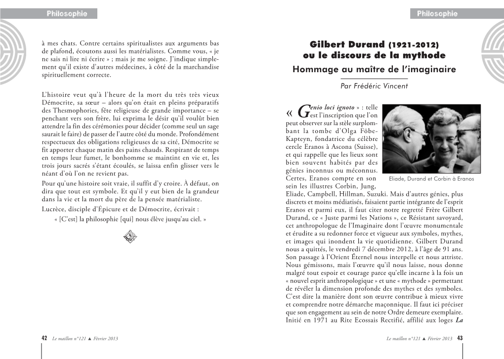 Gilbert Durand Ou Le Discours De La Mythode