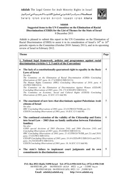 Adalah Suggested Items to the UN Committee on the Elimination of Racial Discrimination (CERD) for the List of Themes for the State of Israel 8 December 2011
