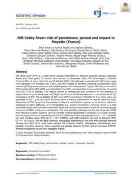 Rift Valley Fever: Risk of Persistence, Spread and Impact in Mayotte (France)