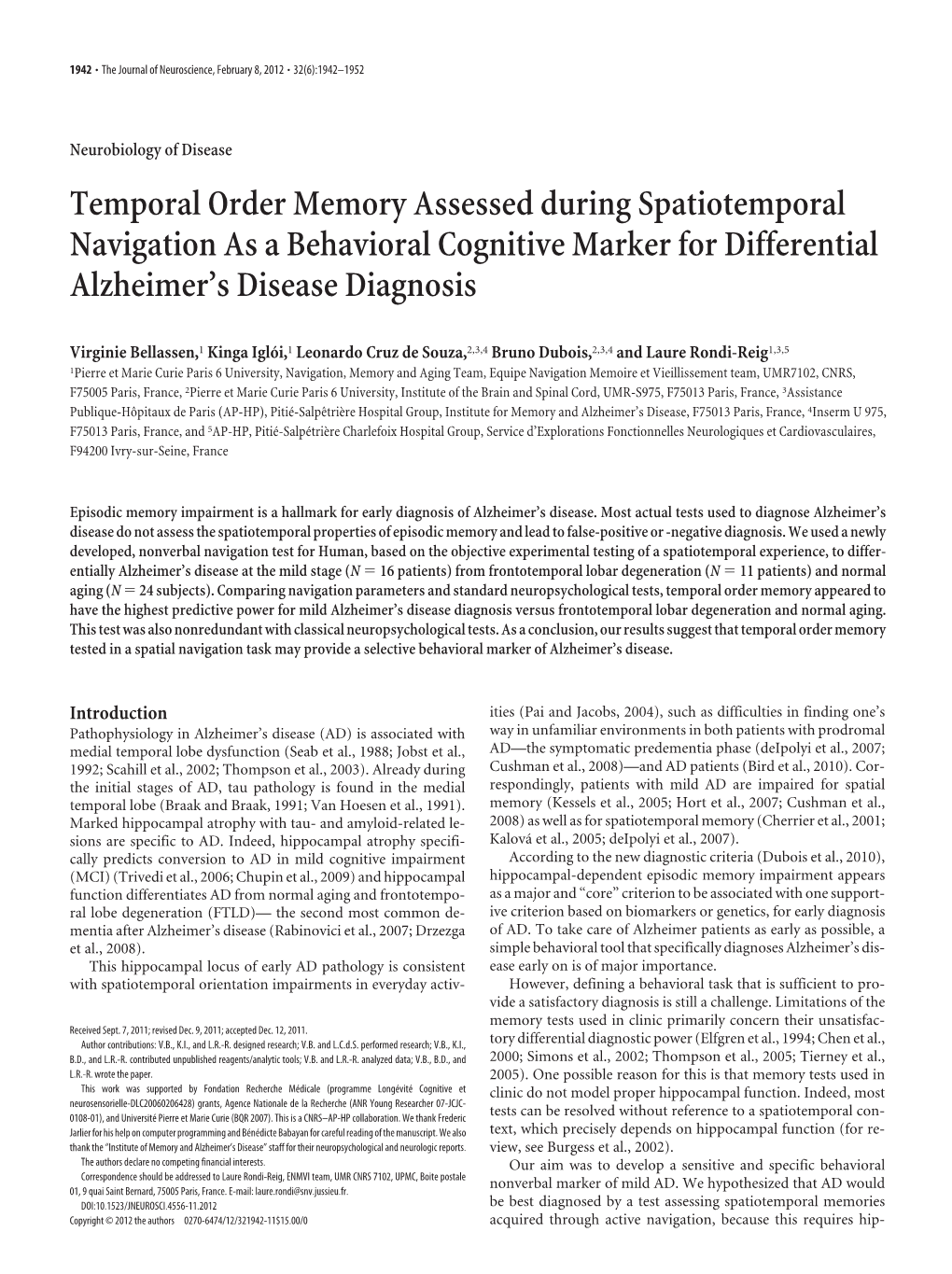 Temporal Order Memory Assessed During Spatiotemporal Navigation As a Behavioral Cognitive Marker for Differential Alzheimer's