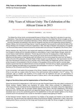 The Celebration of the African Union in 2013 Written by Horace Campbell