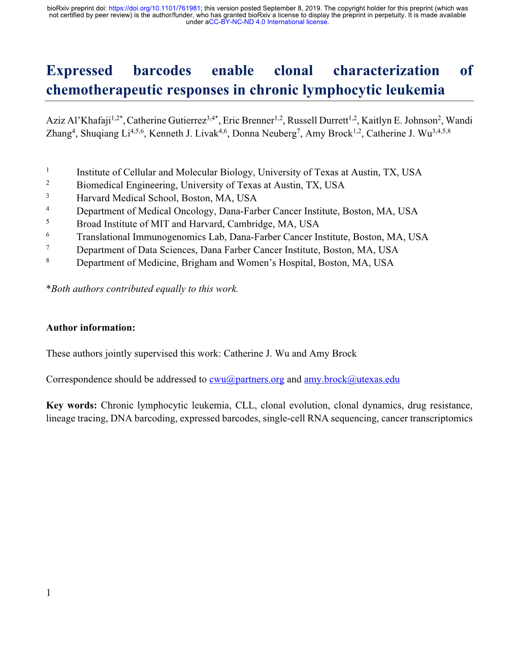 Expressed Barcodes Enable Clonal Characterization of Chemotherapeutic Responses in Chronic Lymphocytic Leukemia