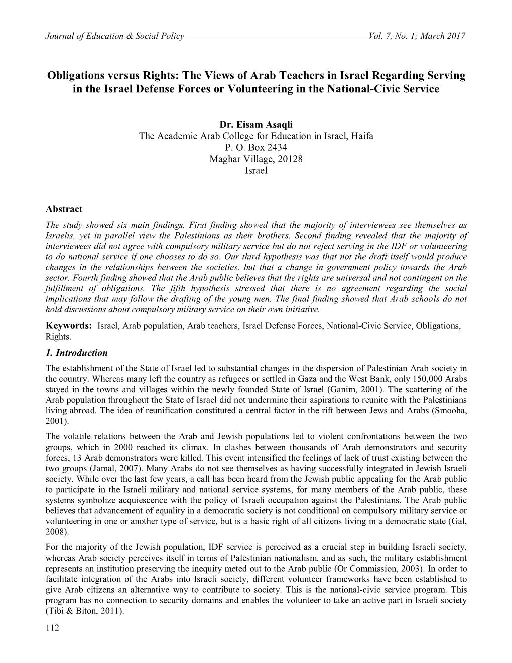 Obligations Versus Rights: the Views of Arab Teachers in Israel Regarding Serving in the Israel Defense Forces Or Volunteering in the National-Civic Service