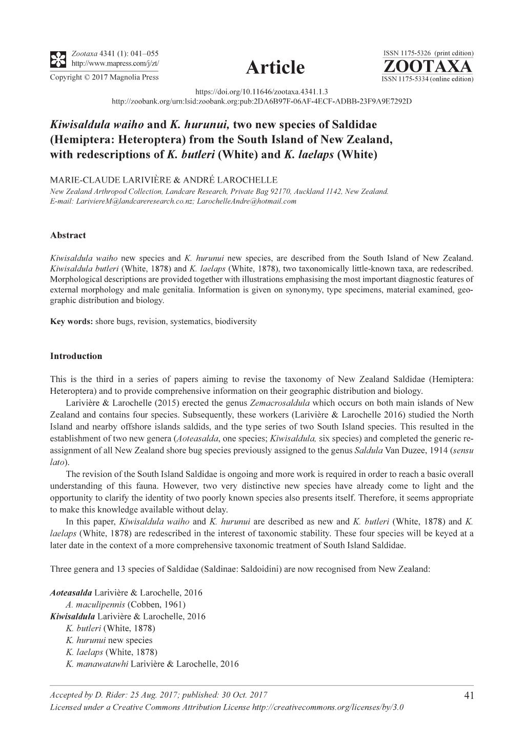 Kiwisaldula Waiho and K. Hurunui, Two New Species of Saldidae (Hemiptera: Heteroptera) from the South Island of New Zealand, with Redescriptions of K