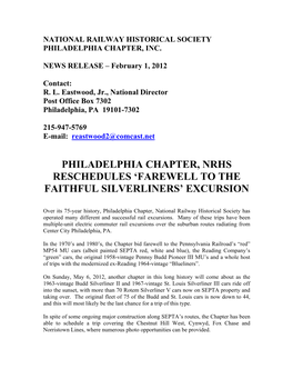 Philadelphia Chapter, Nrhs Reschedules ‘Farewell to the Faithful Silverliners’ Excursion