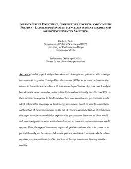 Pablo M. Pinto Department of Political Science and IR/PS University of California San Diego Pmpinto@Ucsd.Edu Preliminary Draft