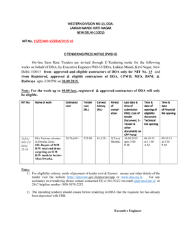 WESTERN DIVISION NO.15, DDA. LAKKAR MANDI: KIRTI NAGAR NEW DELHI-110015 NIT No. 15/EE/WD-15/DDA/2015-16 E-TENDERING PRESS NOTICE