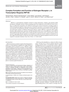 Complex Formation and Function of Estrogen Receptor a in Transcription Requires RIP140