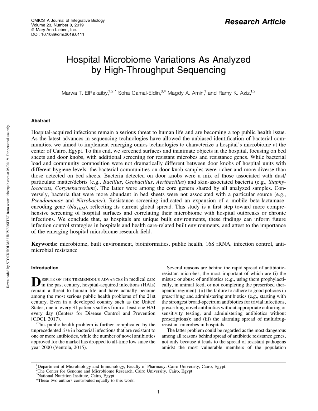 Hospital Microbiome Variations As Analyzed by High-Throughput Sequencing