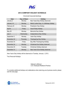 2012 Company Holiday Schedule