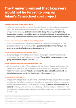 The Premier Promised That Taxpayers Would Not Be Forced to Prop up Adani’S Carmichael Coal Project