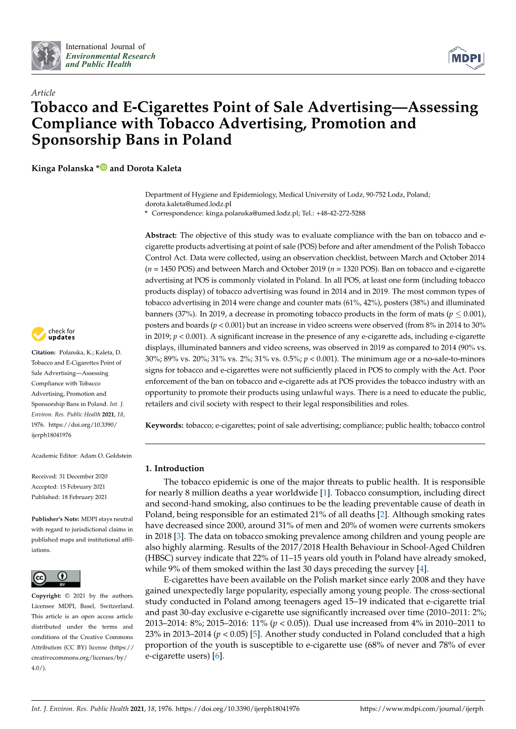 Tobacco and E-Cigarettes Point of Sale Advertising—Assessing Compliance with Tobacco Advertising, Promotion and Sponsorship Bans in Poland