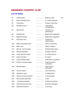 Aberdare Country Club Bird Check List