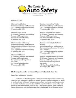 Letter to Congress Regarding Kia and Hyundai Fires, February 27, 2019