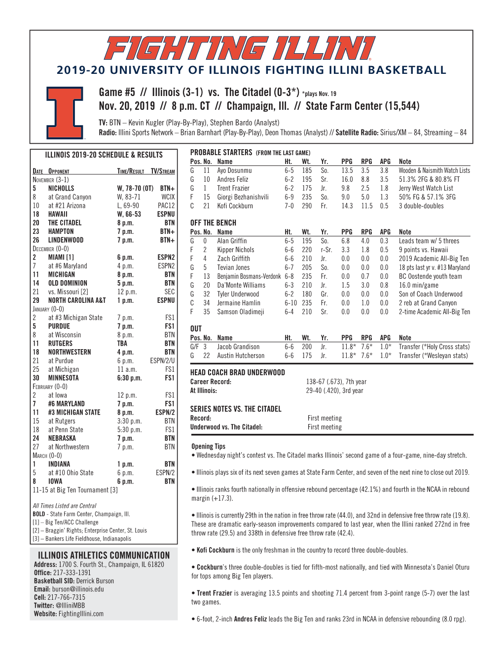 Game #5 // Illinois (3-1) Vs. the Citadel (0-3*) *Plays Nov. 19 Nov