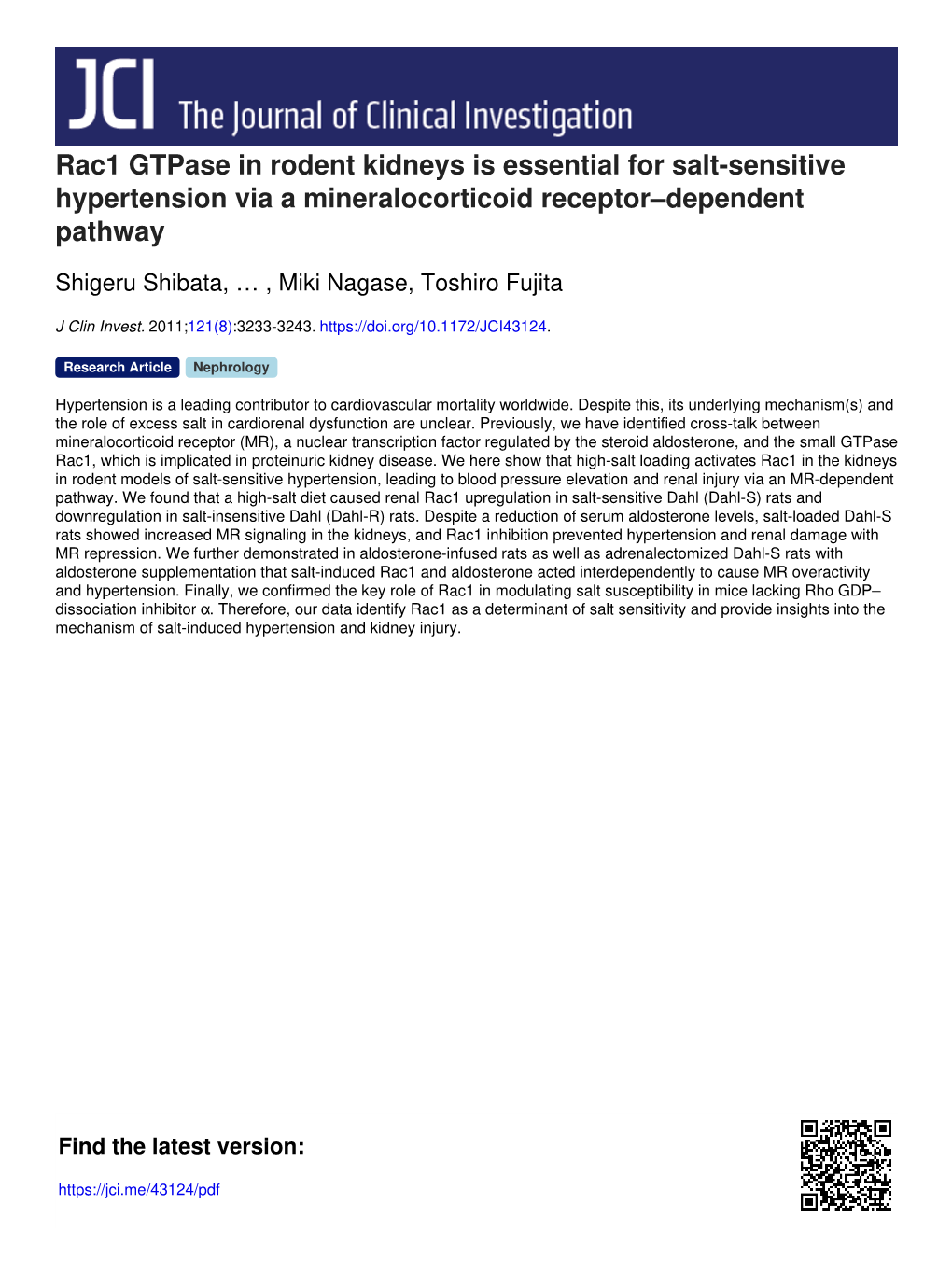 Rac1 Gtpase in Rodent Kidneys Is Essential for Salt-Sensitive Hypertension Via a Mineralocorticoid Receptor–Dependent Pathway