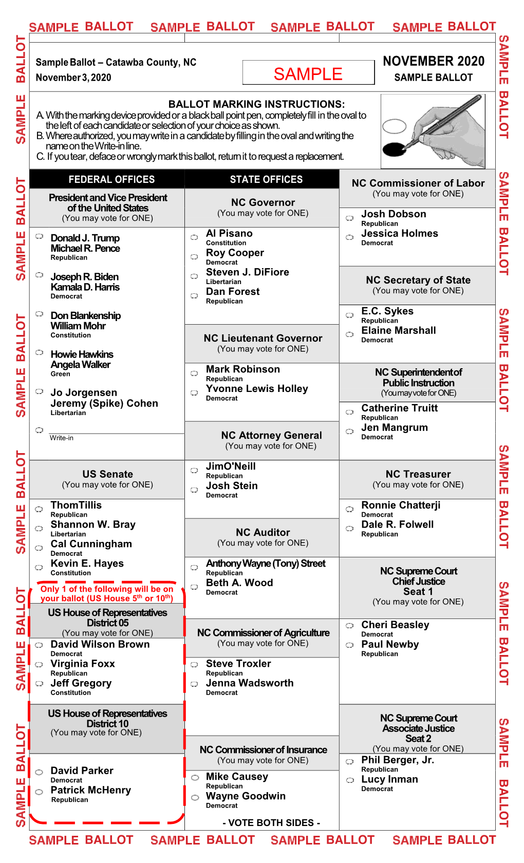 Sample Ballot – Catawba County, NC NOVEMBER 2020 November 3, 2020 SAMPLE SAMPLE BALLOT