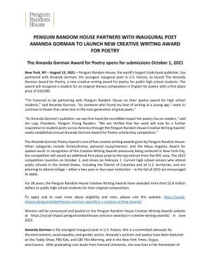 Penguin Random House Partners with Inaugural Poet Amanda Gorman to Launch New Creative Writing Award for Poetry